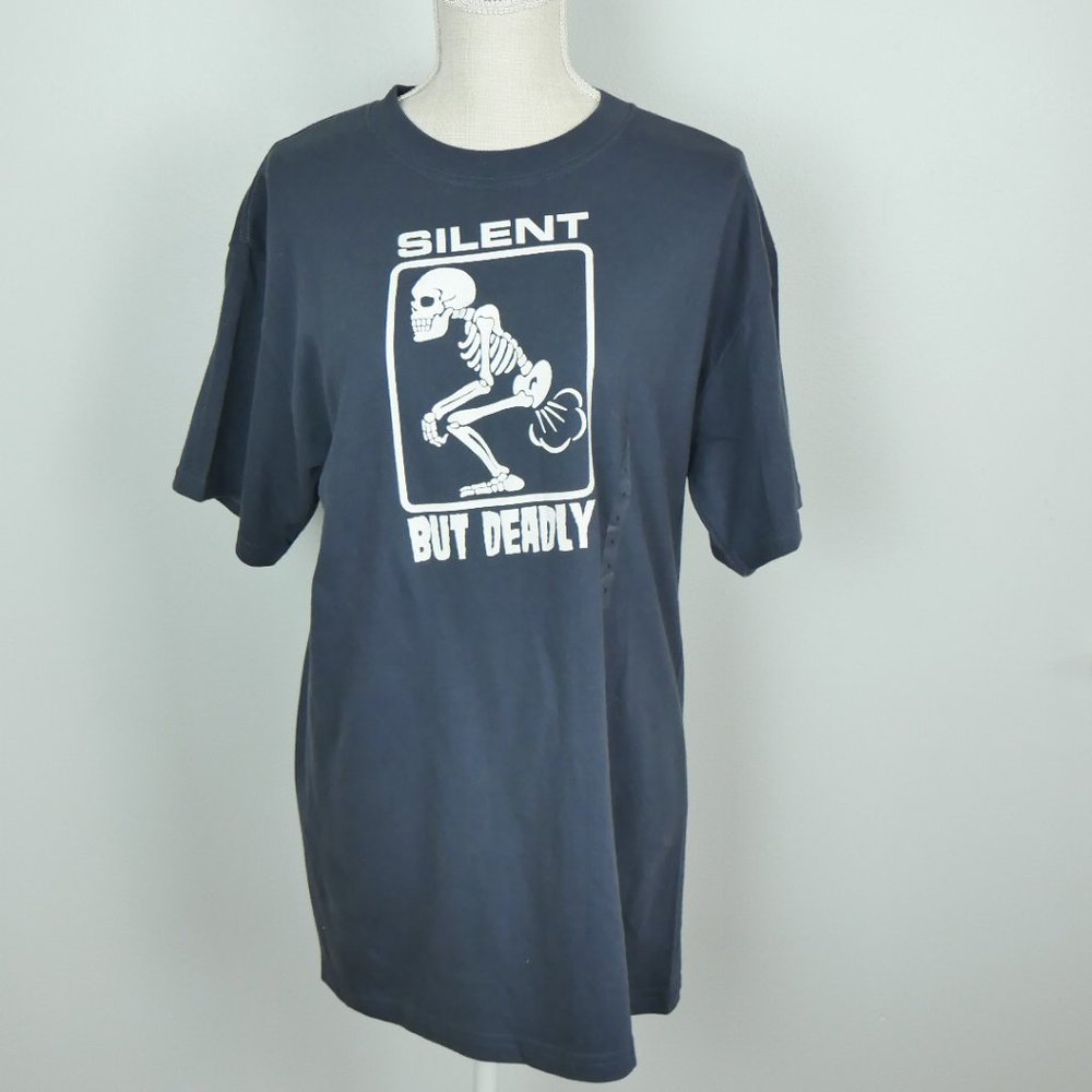 NWT Blue Silent but Deadly Skeleton Graphic Tee Gag Gift White Elephant Small